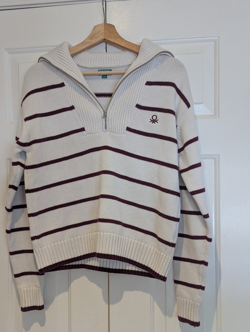 Vintage United Colors Of Benetton White Stripe Half Zip Cotton Sweater Coastal S
